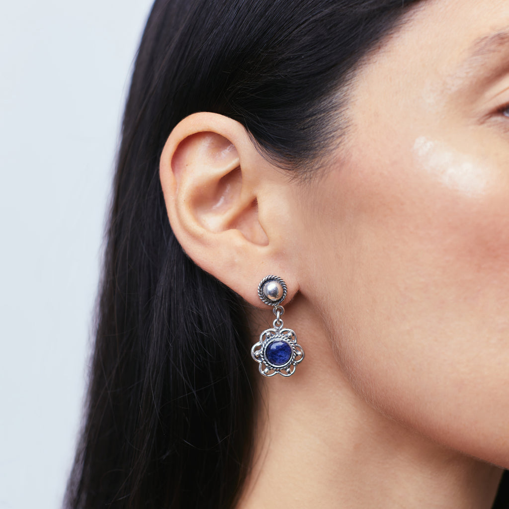 WOVEN ROSETTE LAPIS LAZULI EARRINGS IN BURNT SILVER