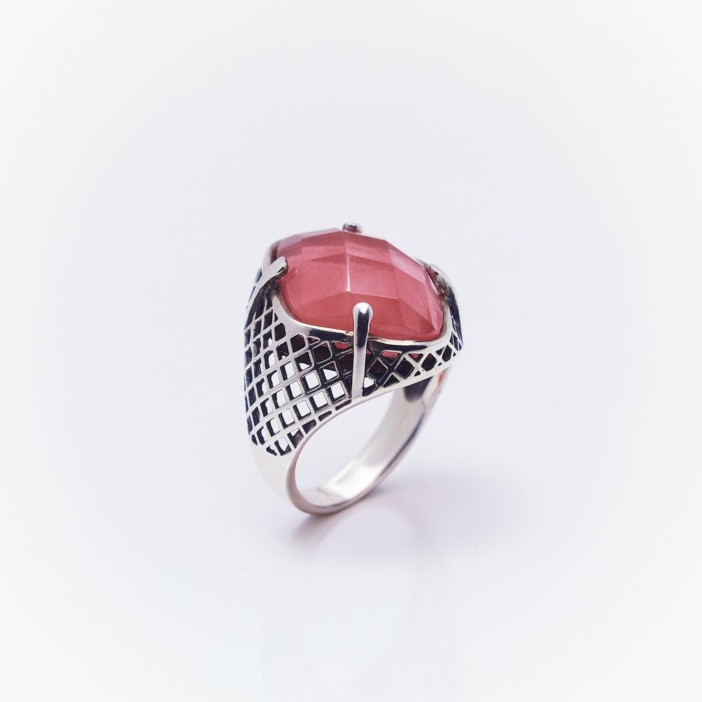Anillo Tejido Cuarzo Rosado En Plata Quemada - ANDREA