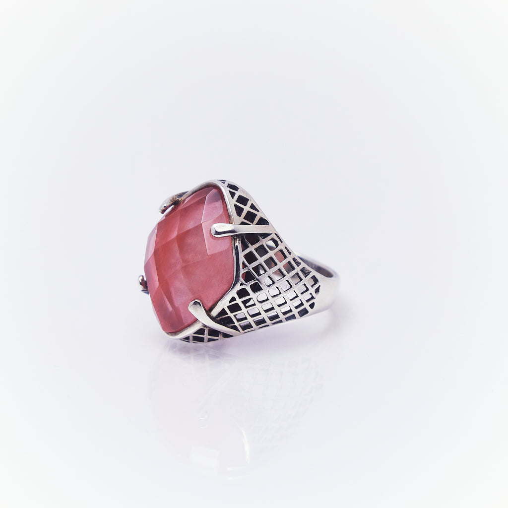Anillo Tejido Cuarzo Rosado En Plata Quemada 2 - ANDREA