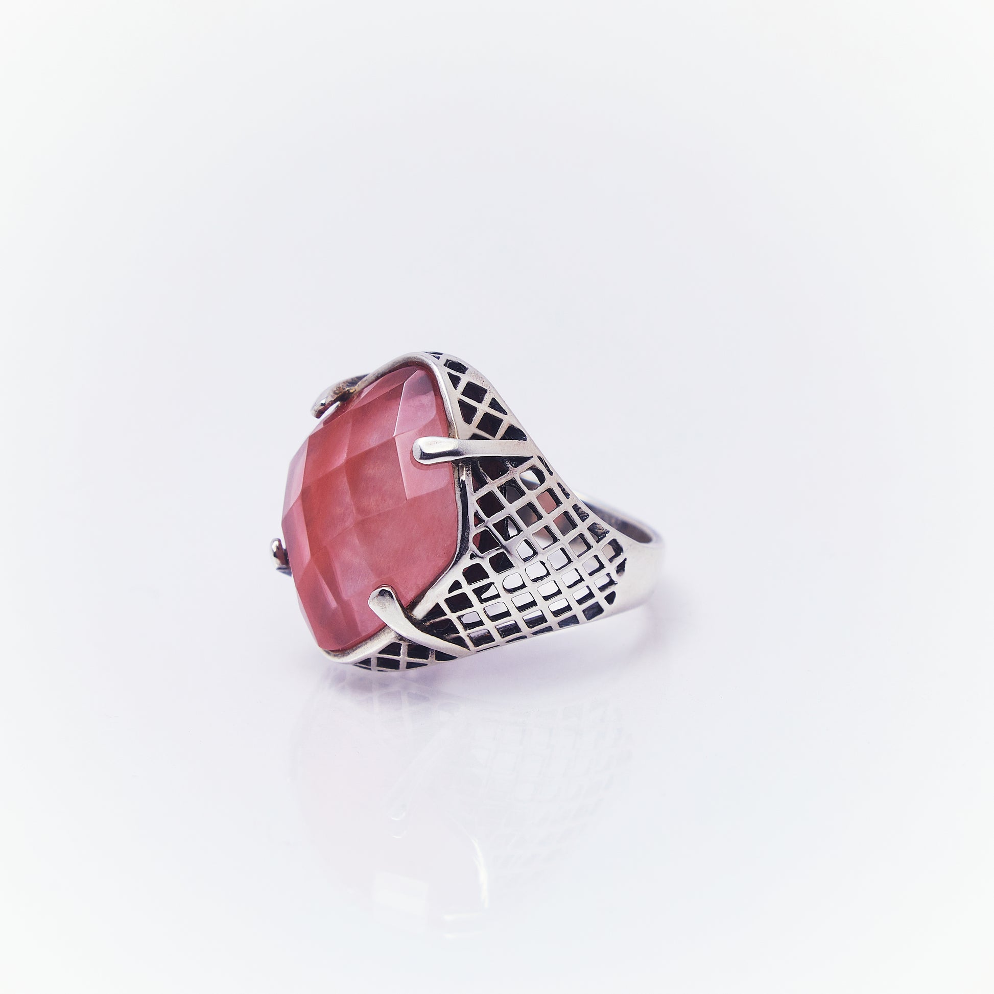 Anillo Tejido Cuarzo Rosado En Plata Quemada 2 - ANDREA