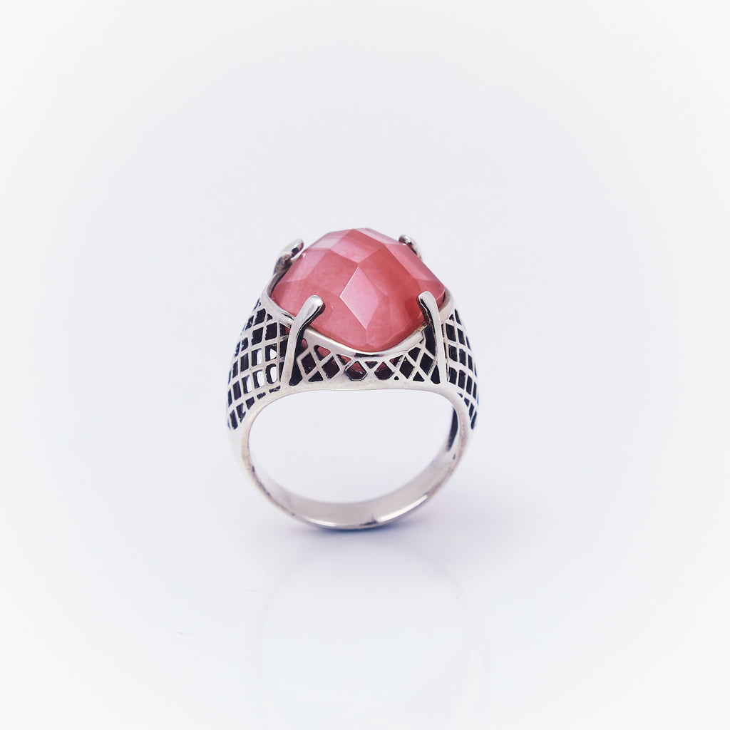 Anillo Tejido Cuarzo Rosado En Plata Quemada 3 - ANDREA