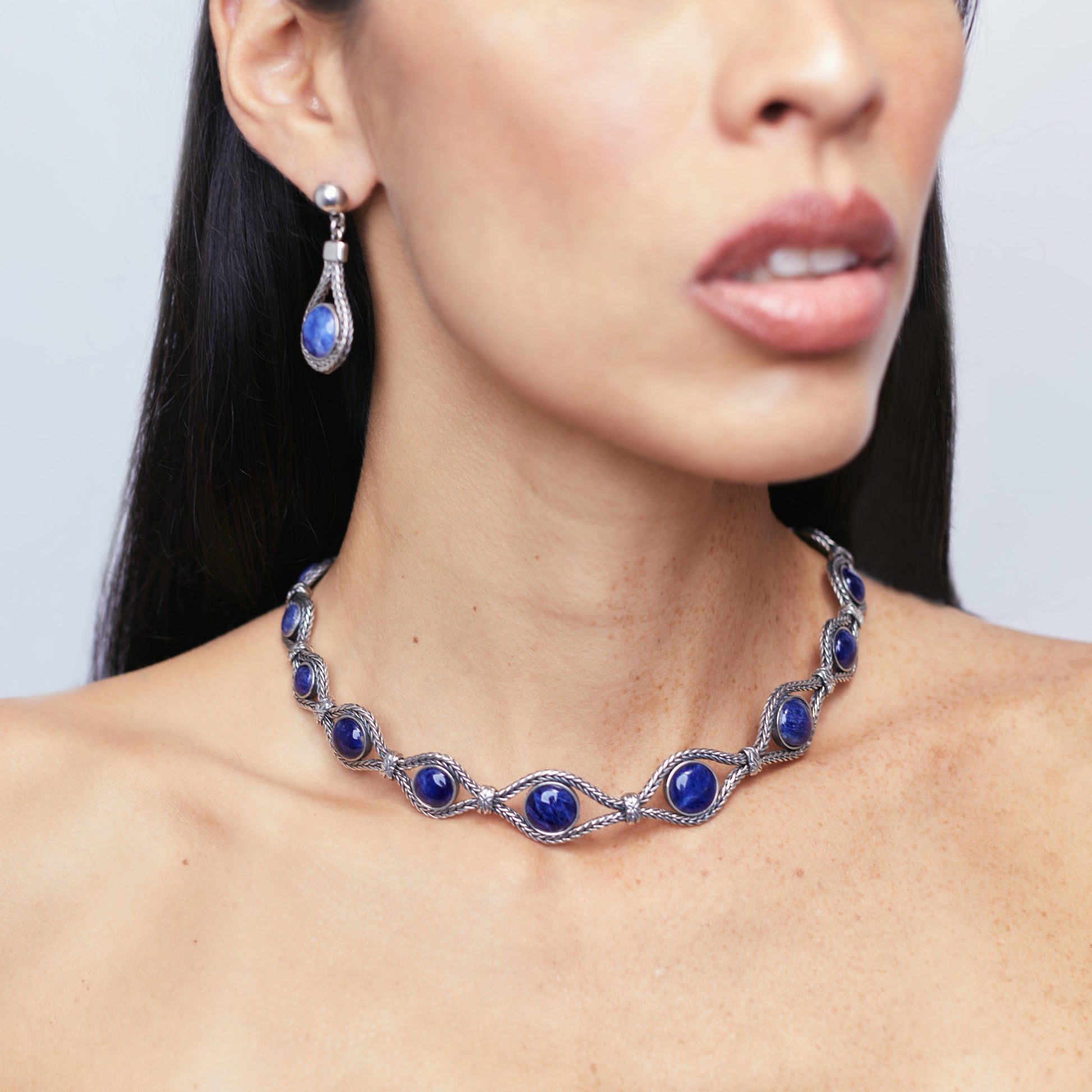 LAPIS LAZULI BURNT SILVER SET